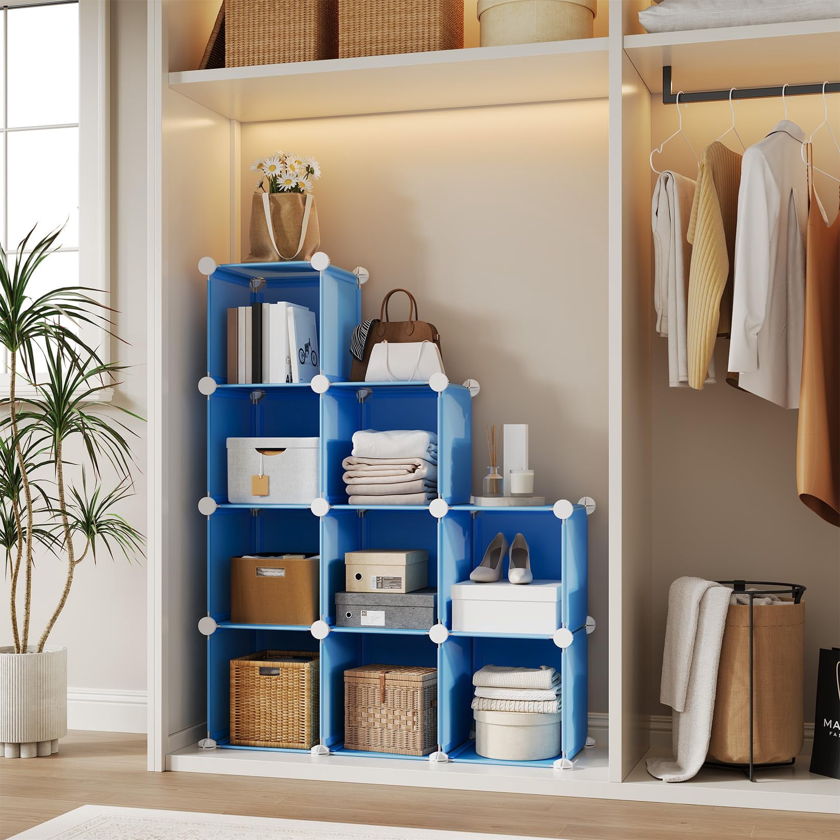 9 Cube Storage Organizer, DIY Modular Bookshelf & Closet Organizer, Plastic Stackable Shelving Cubes with Feet & Rubber Mallet