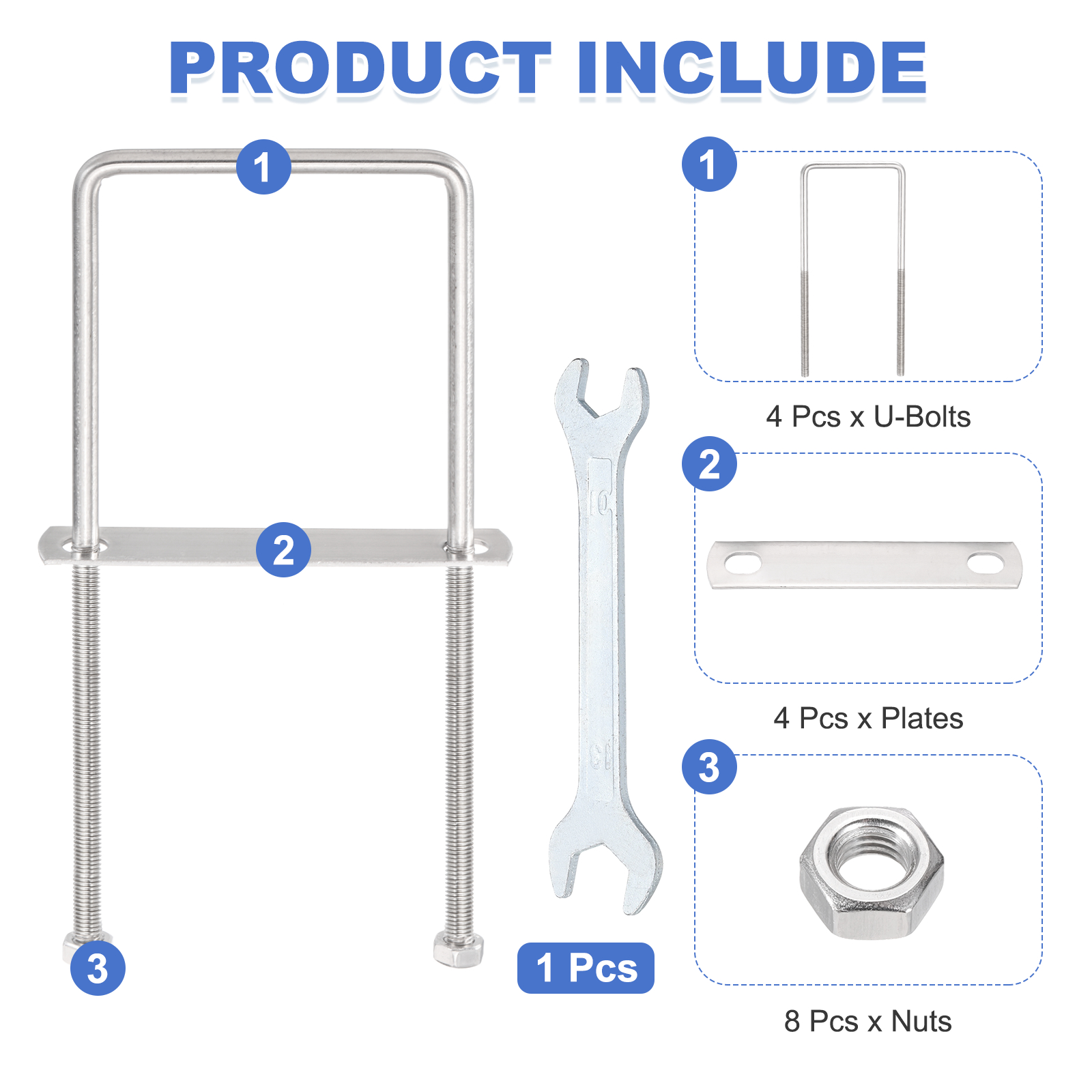 Uxcell 4 Sets M8 Square U-Bolts, 3.19" Inner Width 7.87" Length 304 Stainless Steel U Clamp Bolts with Nuts, Plates and Wrench