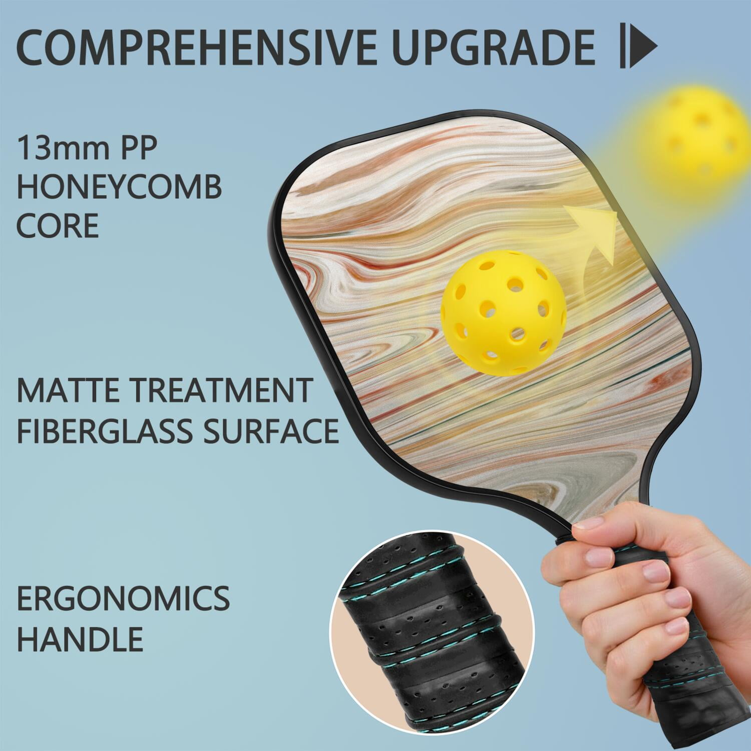 Pickleball Paddles Set Of 2, Fiberglass Surface, Liquid & Marble Print, 4 Balls & Bag
