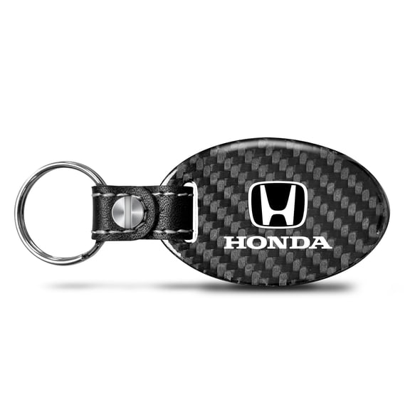Honda Logo Real Carbon Fiber Large Oval Shape with Black Leather Strap Key Chain