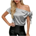 thumbnail image 2 of Vmvidoty Women's Off Shoulder Silk Tops Casual Short Sleeve Asymmetrical Neck Satin Blouse Shirts Gray M, 2 of 6