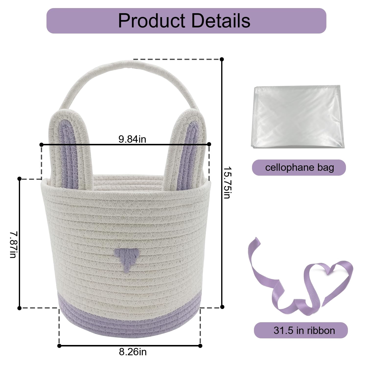 2 Pack Large Woven Easter Baskets for Girls & Boys - Empty Basket with Gift Bags and Ribbons Cute Easter Decorations Bunny Ears Designs (Blue+Purple)