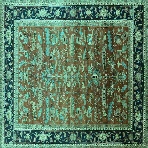 Ahgly Company Indoor Square Oriental Turquoise Blue Industrial Area Rugs, 7' Square