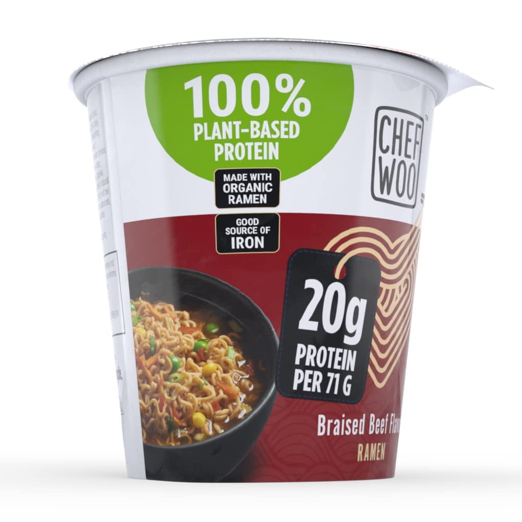 (12 pack) CHEF WOO Braised Beef Ramen, High Protein Noodles, 20g of Animal-free, Bioavailable Protein, 2.5 oz Cup