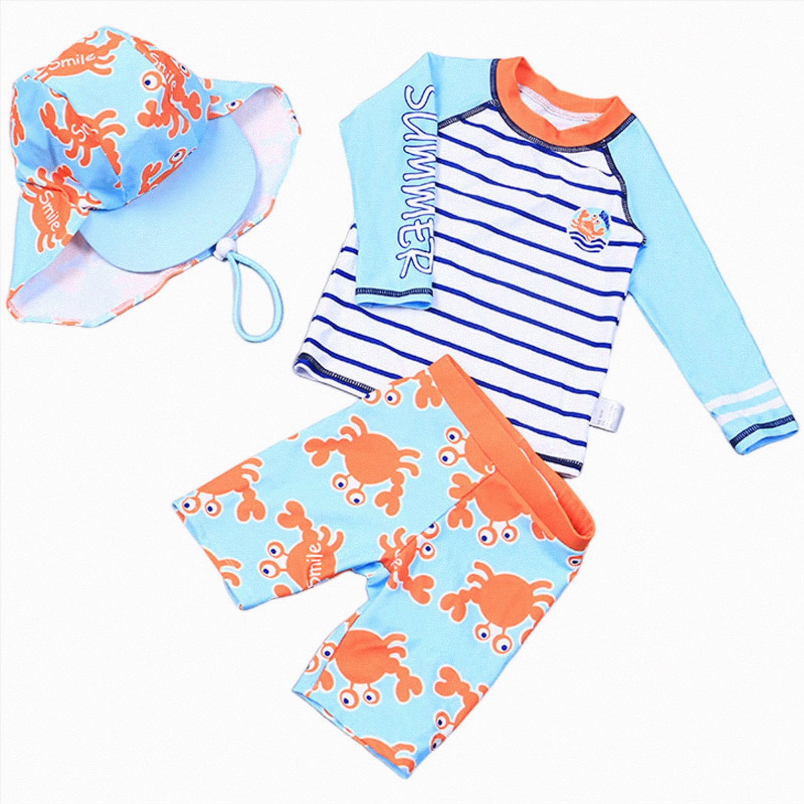 JUMEYU Bathing Suit Boy Kids Swim Set for Boys with Long Sleeve Rash Guard Swim Shorts Size 7-8 Years (Light Blue 7-8 Years)