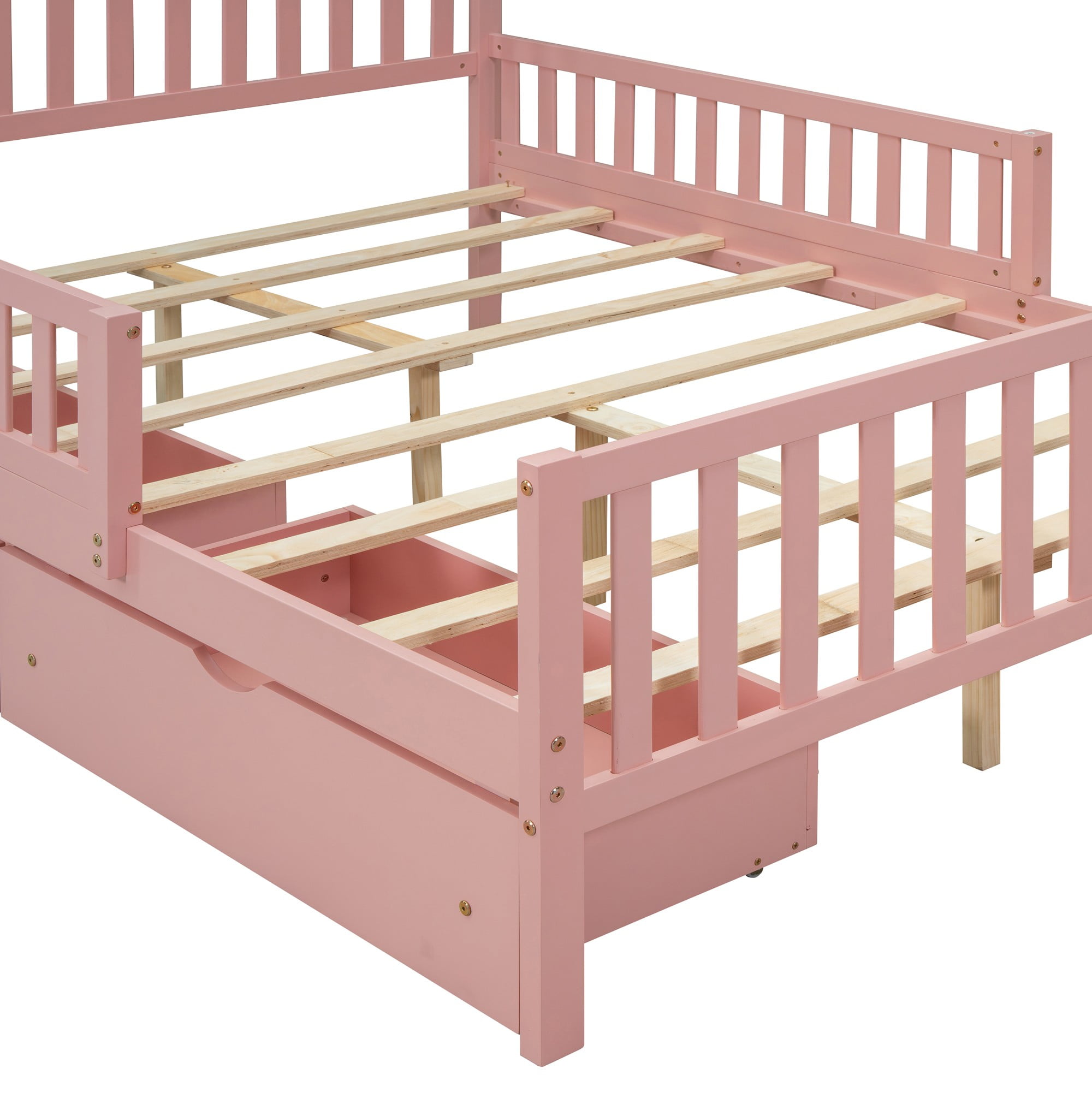 Aukfa Full Size Platform Bed with Storage Drawers and Safe Rails, Wood Bed Frame, Pink