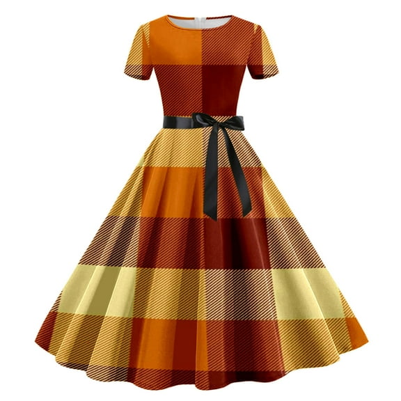 qelini Gothic Dresses for Women Hollween Retro Print Patchwork Round Neck Short Sleeved Dress Bowknot Fashion Evening Party Vintage Long Dress Orange L