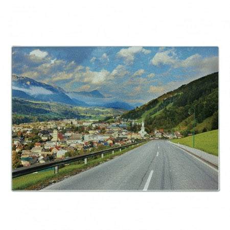 

Landscape Cutting Board Road in the Alps Small Town with Colorful Houses Clouds Clear Sky Rural Scenery Decorative Tempered Glass Cutting and Serving Board Small Size Multicolor by Ambesonne