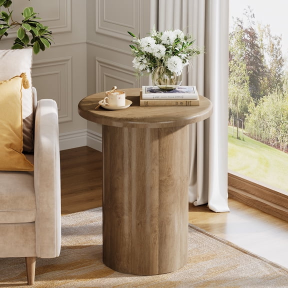 Finmind Round Side Table for Living Room, Farmhouse Small End Table Nightstand with Sturdy Base for Small Space Bedroom Apartment