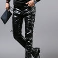 thumbnail image 5 of HOOMEUMY Men Casual Fashion Fitted PU Faux Leather Jeans Biker Pants Punk Style Trousers Rock Steampunk Lace Up PU Leather Pants Black 6, 5 of 9