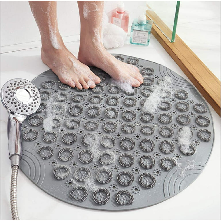 Textured Surface Round Non Slip Shower Mat Anti Slip Bath Mats with Drain  Hole in Middle for Shower Stall,Bathroom Floor,Showers 22 x 22 inches Grey  