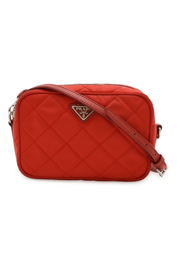 Pre-Owned PRADA Triangle Shoulder Bag, Pochette, Clutch Quilted Nylon and Leather, Red, BT1028