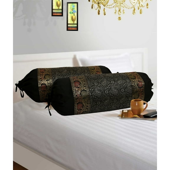 Stylo Culture Ethnic Polydupion Cylindrical Hotdog Pillow Bolster Pillow Covers Black Paisley Jacquard Brocade Border Large Settee Cylinder Cushion Covers (Set of 2) | 30x15 Inches (76x38 cm)