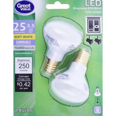Great Value LED Indoor Spotlight Light Bulb, 2.5W (3.5W Equivalent), Soft White, Dimmable, 2 Count