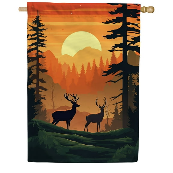 America Forever Peaceful Deer at Sunset House Flag, 28 x 40 inch Double Sided, Wildlife Forest Banner, Nature Outdoor Decor, Peaceful Wilderness Yard Flag