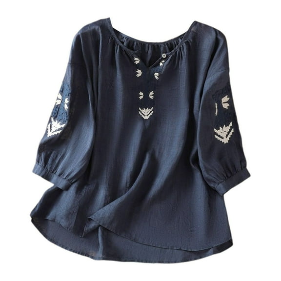 RMGVDSD Womens T Shirts Vintage Embroidered Women's T Shirt Casual Round Neck Short Sleeve Breathable Blouse Spring Summer Loose Trendy Tees