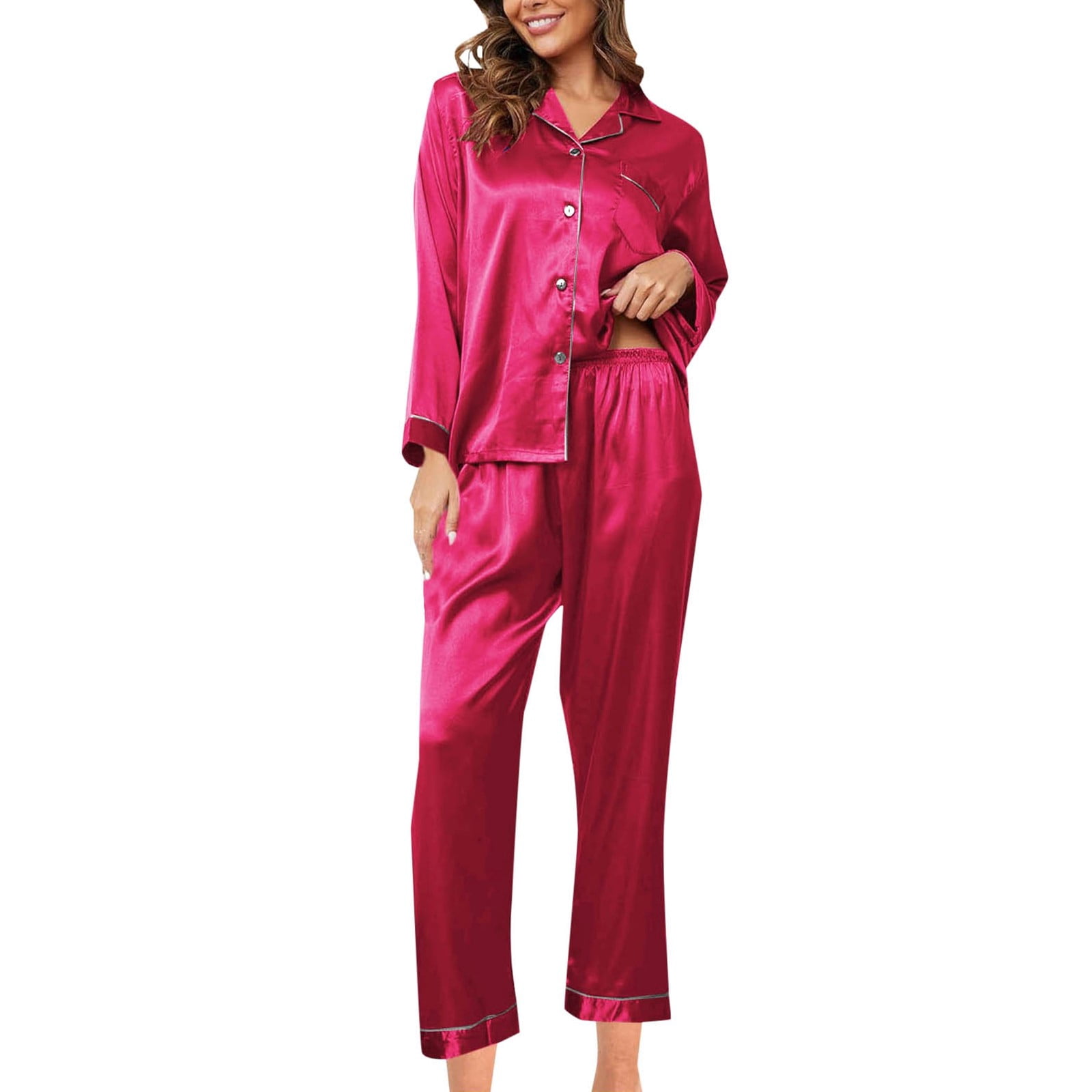 Pyjama Femme Soie Satinée Manches Longues - Ensemble Haut+Pantalon - Polyester Doux