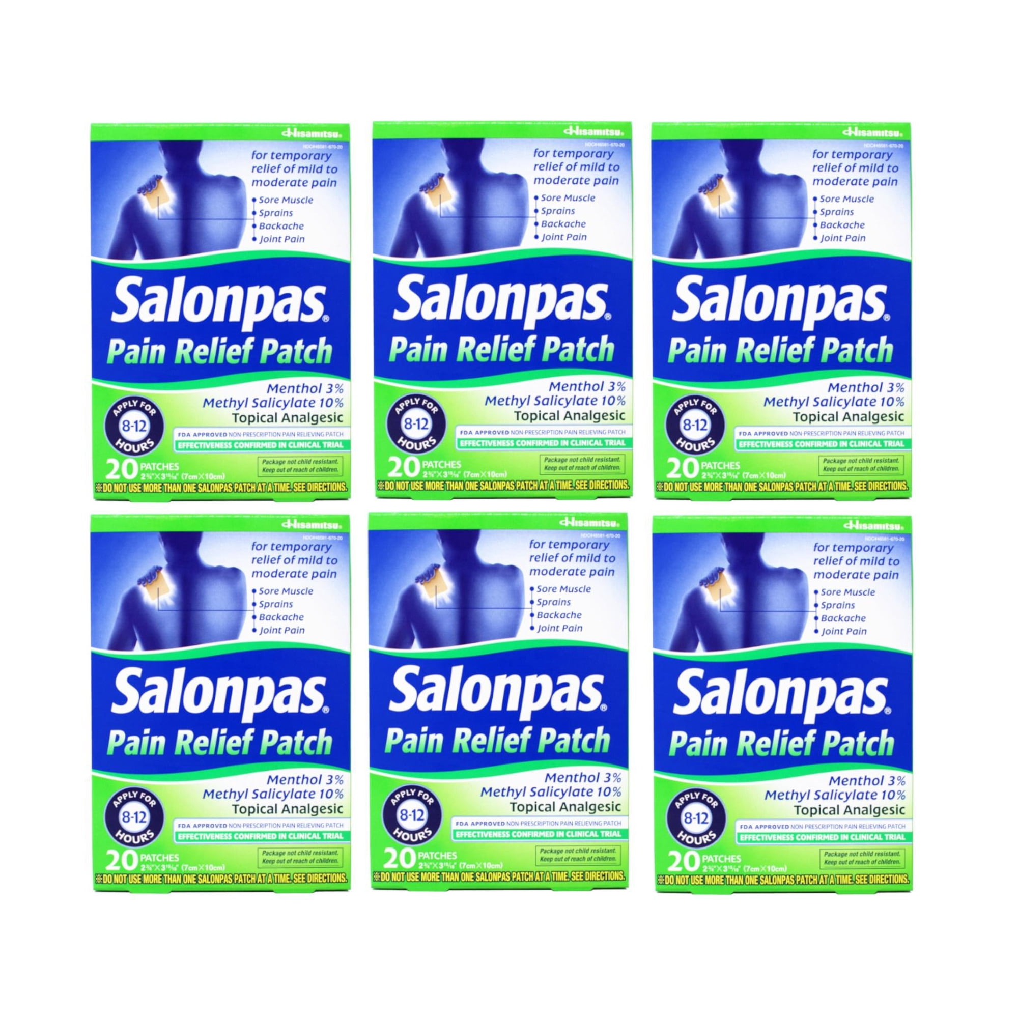 Salonpas Pain Relieving Menthol and Methyl Salicylate Patch, 20 Count, for Back, Neck, Shoulder, Knee Pain and Muscle Soreness, 12 Hour Pain Relief - 6 Pack