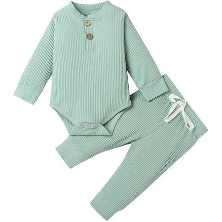 

GRNSHTS Newborn Baby Boys Girls Clothes Ribbed Knitted Cotton Long Sleeve Romper Long Pants Solid Color Outfits (Light Green 12-18 Months)