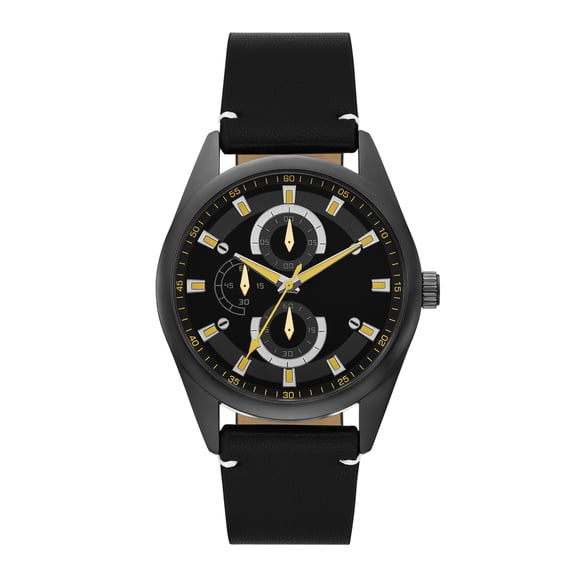 George Men's Wristwatch, Brushed Gunmetal 43mm Round Case, Black Dial and Black Faux Leather Strap (FMDOGE062)