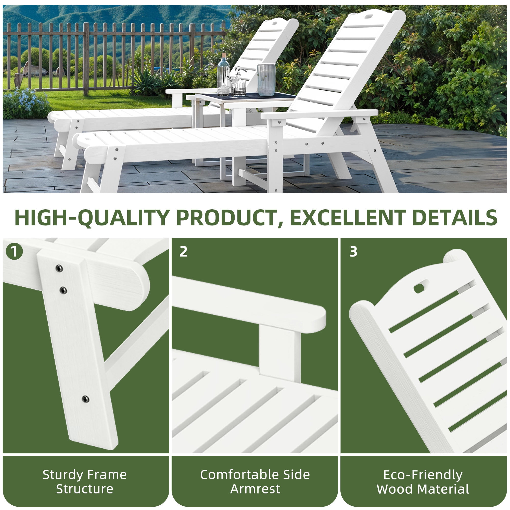 Uforic Outdoor Chaise Lounge Chairs with Adjustable Backrest, Heavy Duty Hips Resin Patio Lounger with Wide Armrest, 2 Pcs