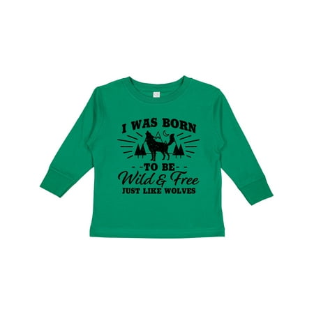 

Inktastic I Was Born to Be Wild and Free with Wolf and Mountains Gift Toddler Boy or Toddler Girl Long Sleeve T-Shirt