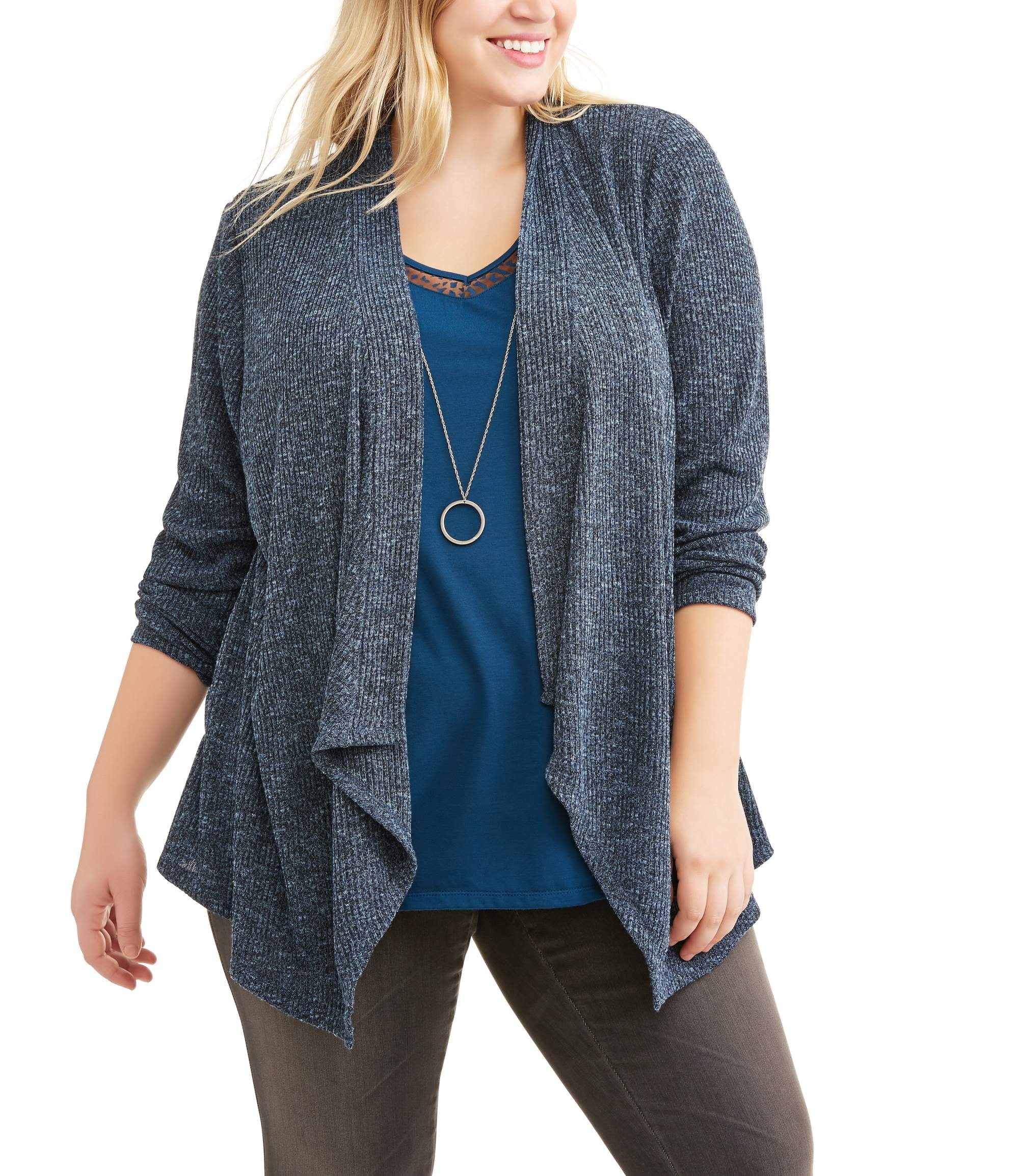 Faded Glory Women's Plus Rib 2fer Flyaway Cardigan