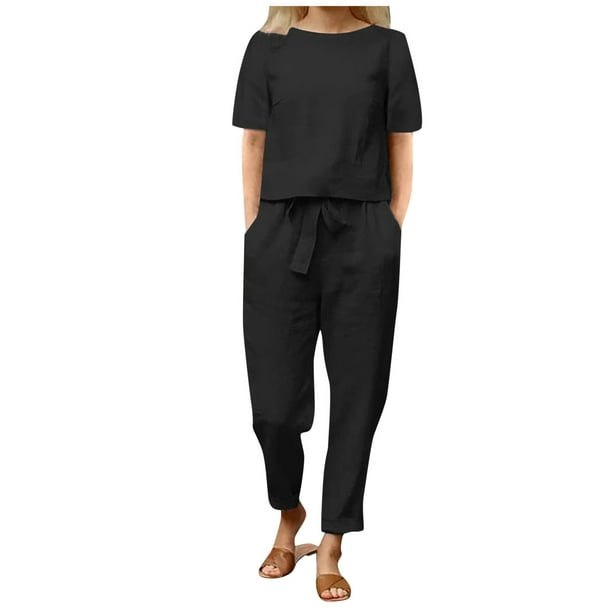 Conjunto de dos piezas de algodón y lino para mujer para el verano: top de manga corta y cuello redondo y pantalones anchos, conjunto holgado e informal.