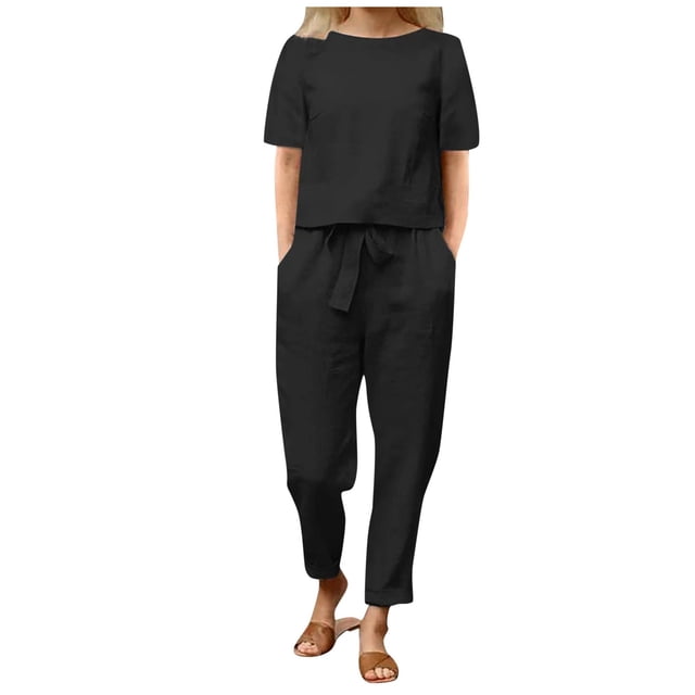 Conjunto de dos piezas de algodón y lino para mujer para el verano: top de manga corta y cuello redondo y pantalones anchos, conjunto holgado e informal.