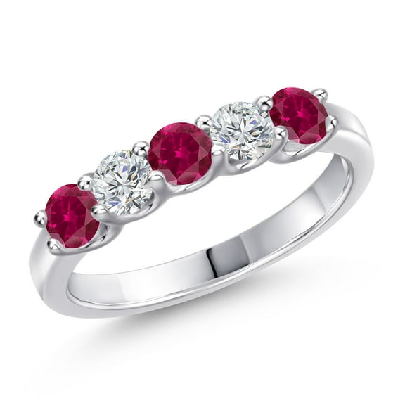 Gem Stone King 925 Sterling Silver Red Created Ruby and Lab Grown Diamond Wedding-Bands Ring for Women | 1.09 Cttw | Round 3.5MM | Gemstone July Birthstone | Size 9