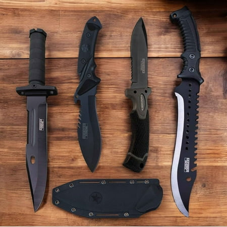 4pc Black Survival Tactical Set Full Tang Bowie Knife Hunting Machete Fixed Blades Bushcraft Camping Outdoor