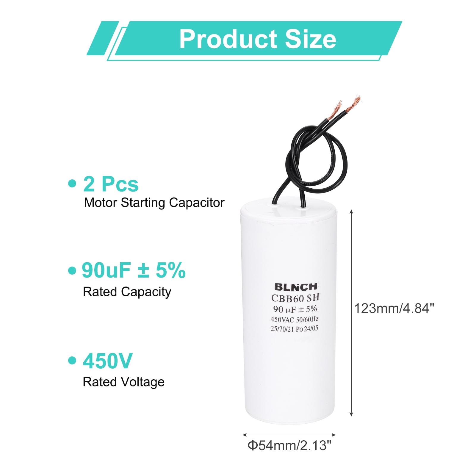 Uxcell 2 Pcs CBB60 Running Capacitor, 90uF 450V 2 Wire Electric Air Compressor Motor Run Starting Capacitor for Washing Machine, Refrigerator, Air Conditioner, White