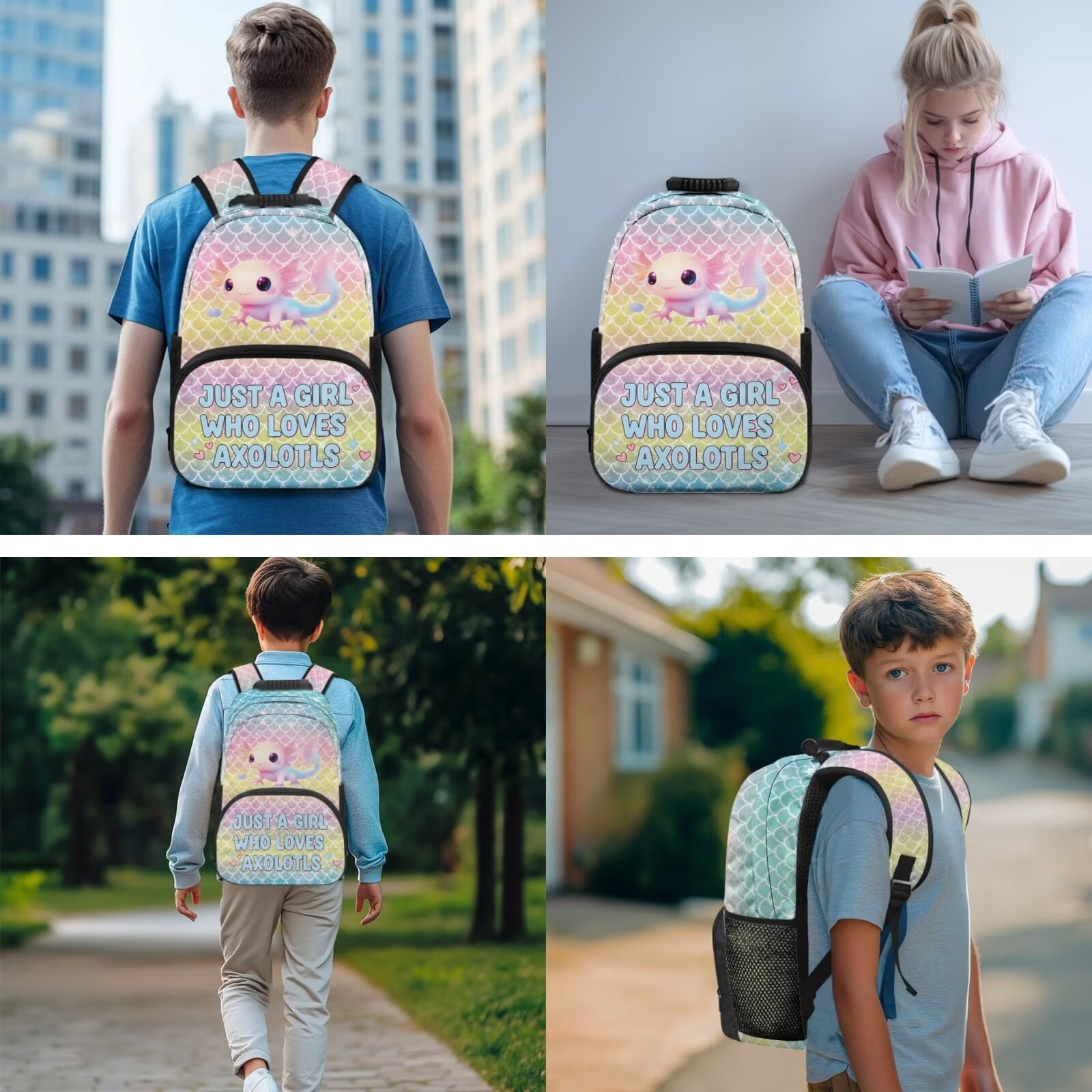 Binienty Axolotl Backpack With Matching Lunch Box Set For 4th Grade Girls Large Capacity School Bag Lunchbox Pencil Box Organizer Bookmark Students School Supplies