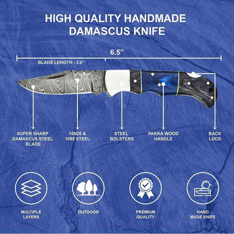 Lara Eagle 3in Damascus Pocket Knife w/ Gray Wood Handle & Leather
