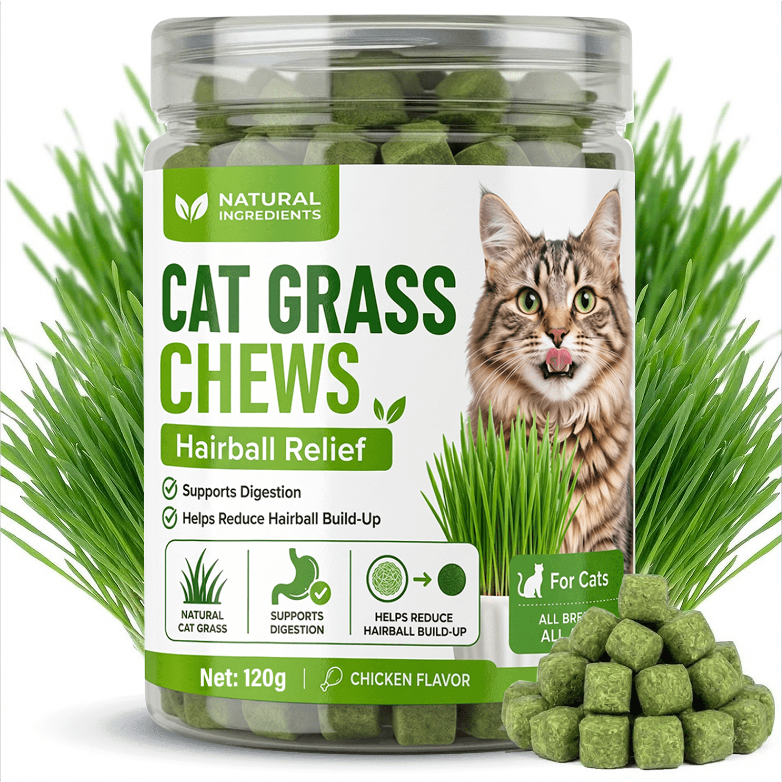 Cat Grass Treats, Cat Treats for Teeth Cleaning and Hairball Removal, Cat Food for Training Rewards Treats