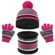 thumbnail image 1 of Conjunto de gorro y bufanda de invierno para niños de poliéster, a rayas con pompón, 3 piezas, cálido, para niños y niñas, ideal para esquí, patinaje, viajes y colegio, 1 of 4
