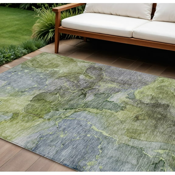 8' X 10' Olive Green And Gray Abstract Washable Indoor Outdoor Area Rug