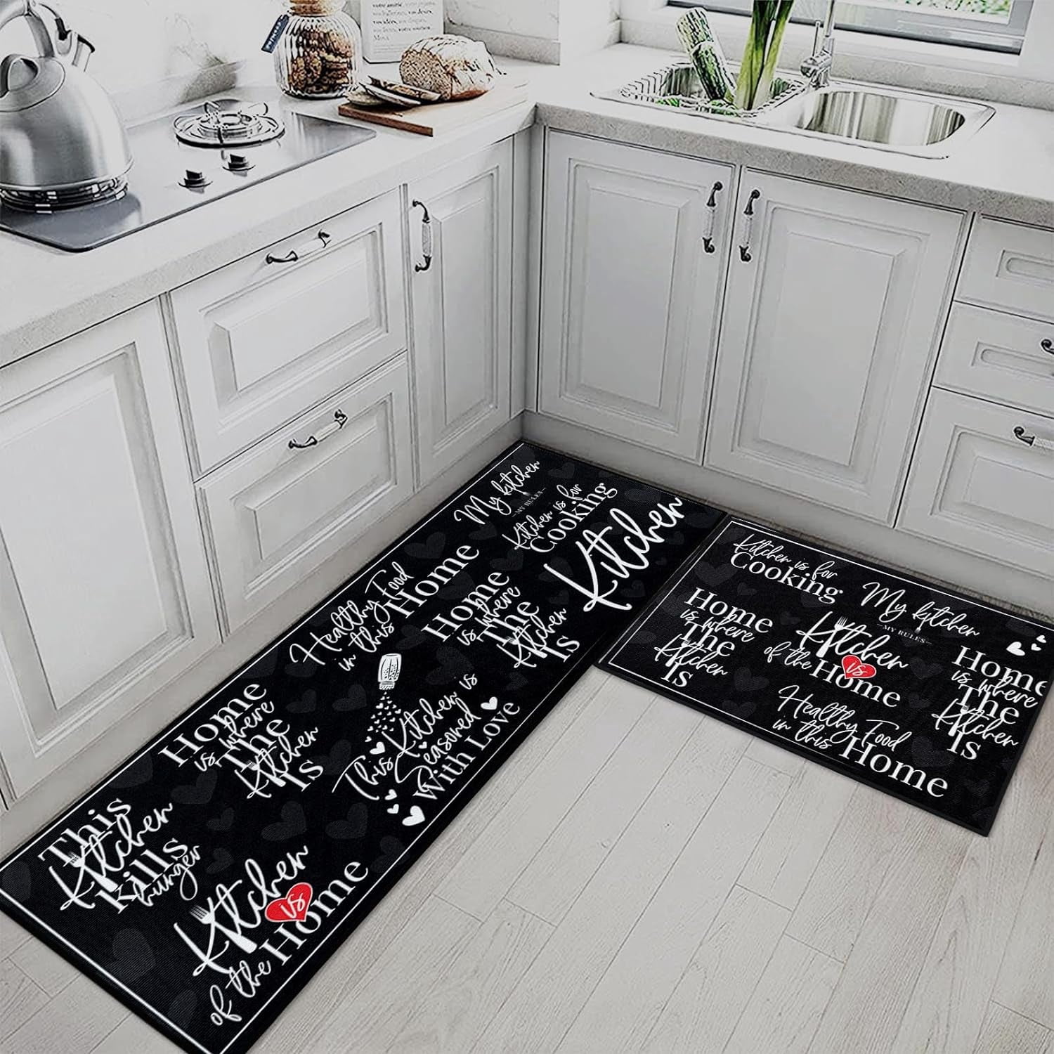 Black White Kitchen Rugs and Mats Non Skid Washable Set of 2, Phrase Doodle Blackboard Kitchen Mats for Floor, Cooking Phrase Kitchen Runner Rug, Funny Home Kitchen Decor
