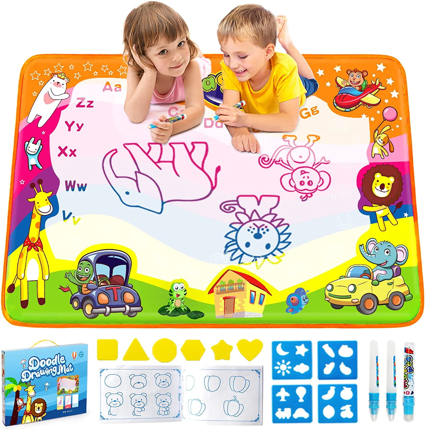 40 x 32 Aqua Magic Water Doodle Mat 5 Magic Water Pens and Drawing Accessories Theefun Water Drawing Mat Toddlers Painting Board Writing Mat with 6 Magic Stamps