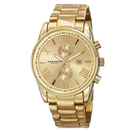 Akribos XXIV Men's Swiss Quartz Dual-Time Multifunction Stainless Steel Gold-Tone Bracelet Watch