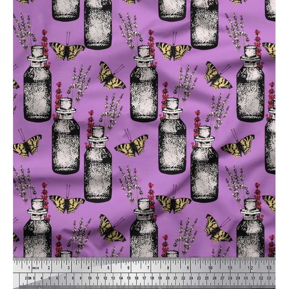 Soimoi Purple Japan Crepe Satin Fabric Insect,Lavender & Vintage Bottle Decor Fabric Printed BTY 42 Inch Wide