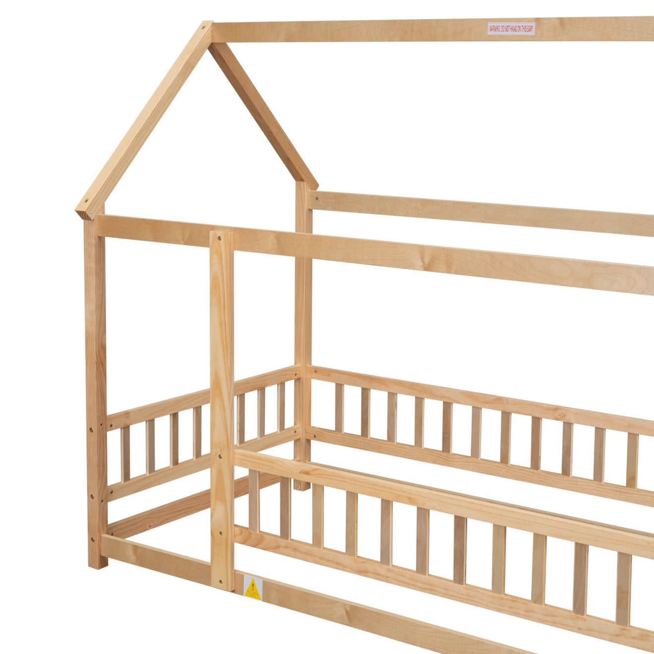 Twin Size Wooden Bed with House Roof Frame, House Bed Frame with Fence Guardrails for Girls Boys Teens, Natural