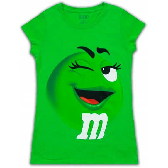 M&M M&M's Candy Silly Character Face T-Shirt (Juniors Medium, Green Silly Cap Sleeve)