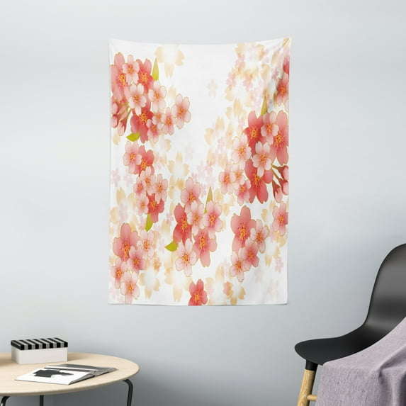 Floral Tapestry, Japanese Sakura Flowers Cherry Blossoms in Vibrant Colors Illustration, Wall Hanging for Bedroom Living Room Dorm Decor, 40W X 60L Inches, Coral Dark Coral Yellow, by Ambesonne