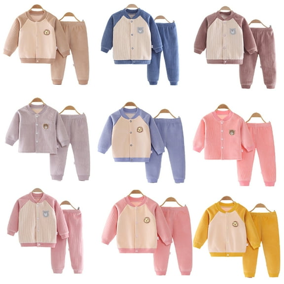 KYAIGUO 2Pcs Newborn Toddler Boys Girls Autumn Winter Underwear Set Baby Long Sleeve Cardigan Sleep Top Pants Baby Sports Casual Therma Pjs Outfits for 3M-24M