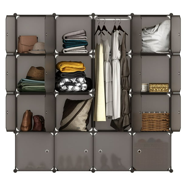 Modular Closet Organizer Plastic Cabinet 16 Cube Wardrobe Cubby Shelving Storage Cubes Drawer Unit Diy Bookcase System With Doors For Clothes Shoes Toys Brown Com - Cube Diy Modular Closet Organizer