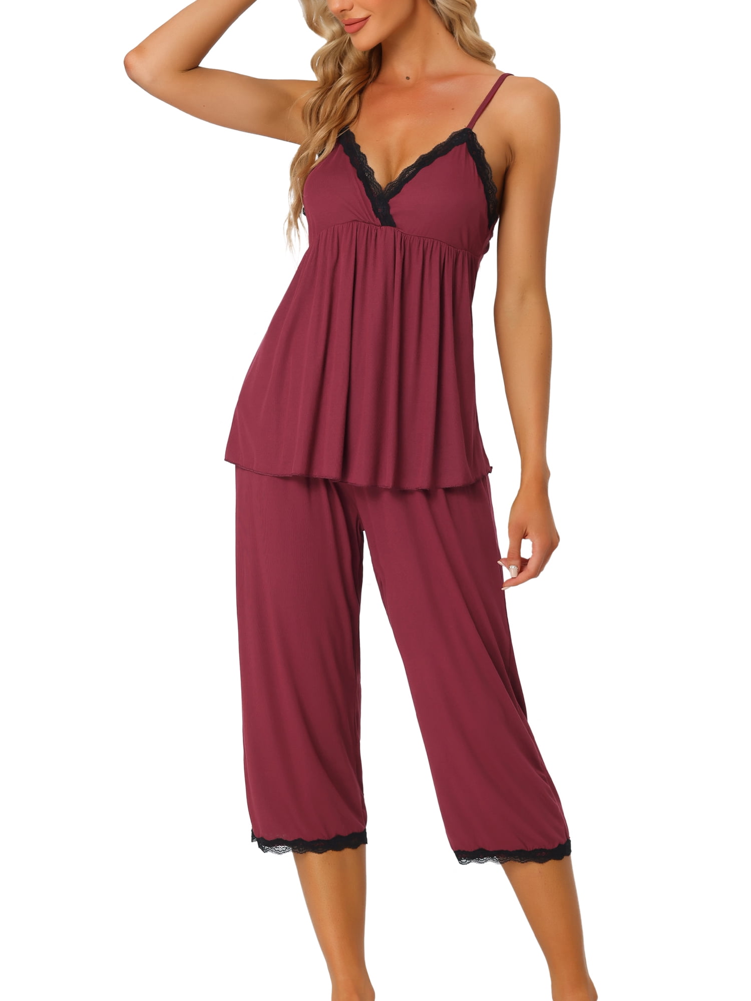 Unique Bargains Womens Pjs Top with Pants Lounge 2pcs Knit Waffle Pajama Sleepwear Sets