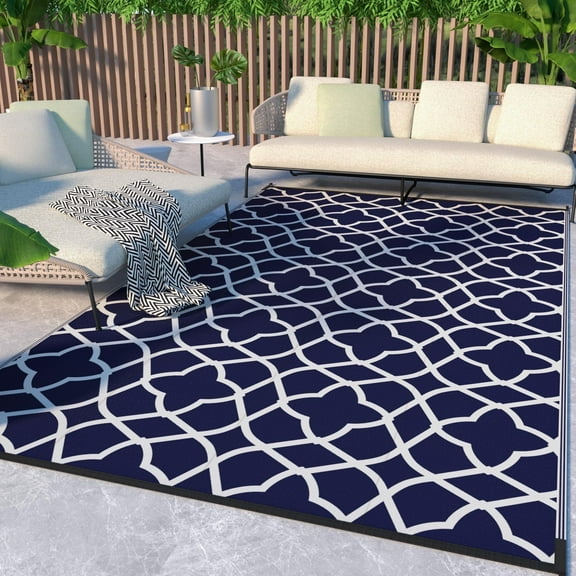 DEORAB 9'x12' Outdoor Rugs Reversible Plastic Straw Patio Outside Clearance Carpet Camping RV Mats,Blue & White