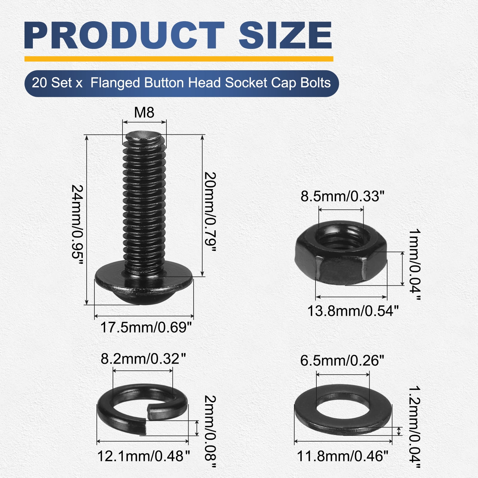 20 Set M8 x 20mm Flanged Button Head Socket Cap Screws, Black 304 Stainless Steel 18-8 Hex Socket Head Screws Bolts, Nuts, Flat & Lock Washers for DIY, Furniture, Automotive