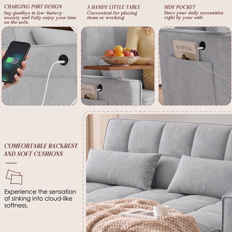 avobird 54'' Pull Out Sofa Bed, Convertible Sleeper Couch for for Living Room, Side Desk, USB Ports, Cup Hold, Velvet Fabric, Adjustable Backrest, Light Gray